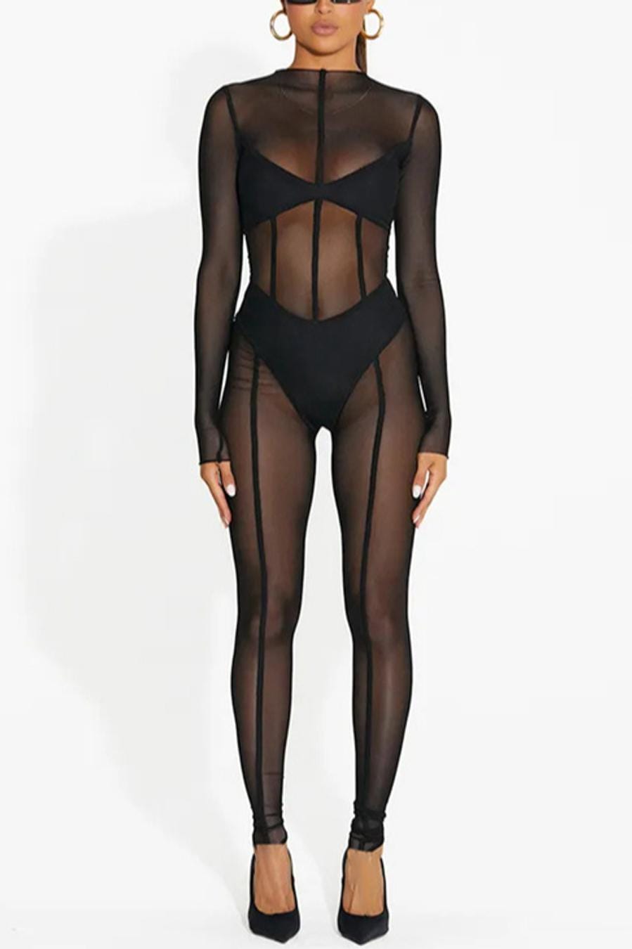 Black Sheer Mesh Long Sleeve Bodysuit Catsuit