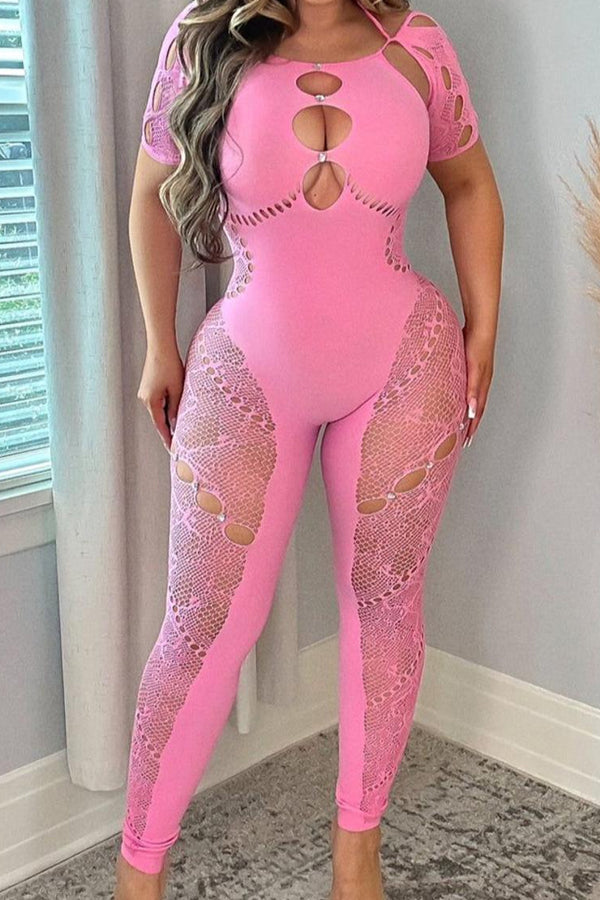 Cutout Halter Neck Pink Bodystocking