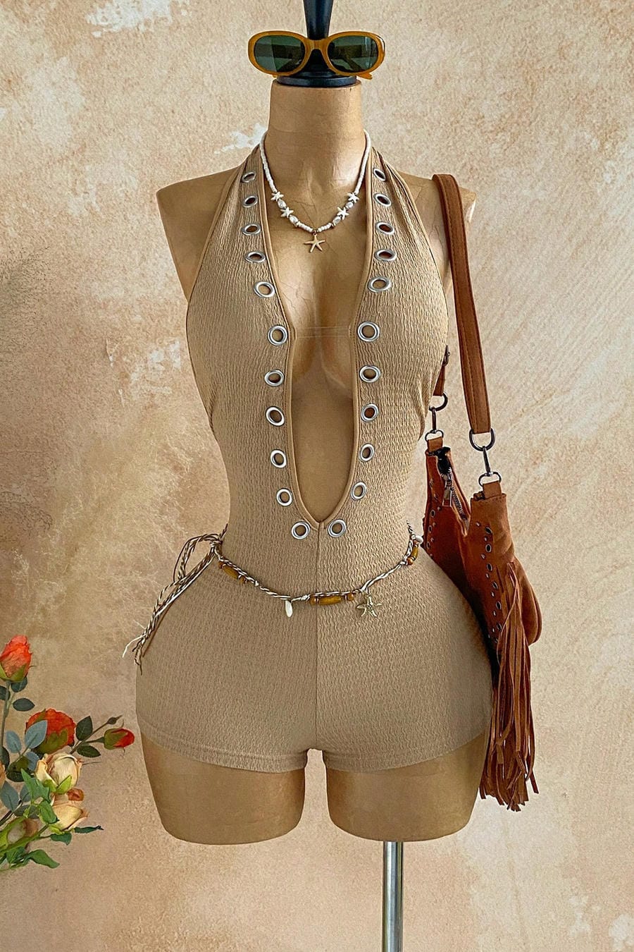 Nude Beige Halter Plunge Romper