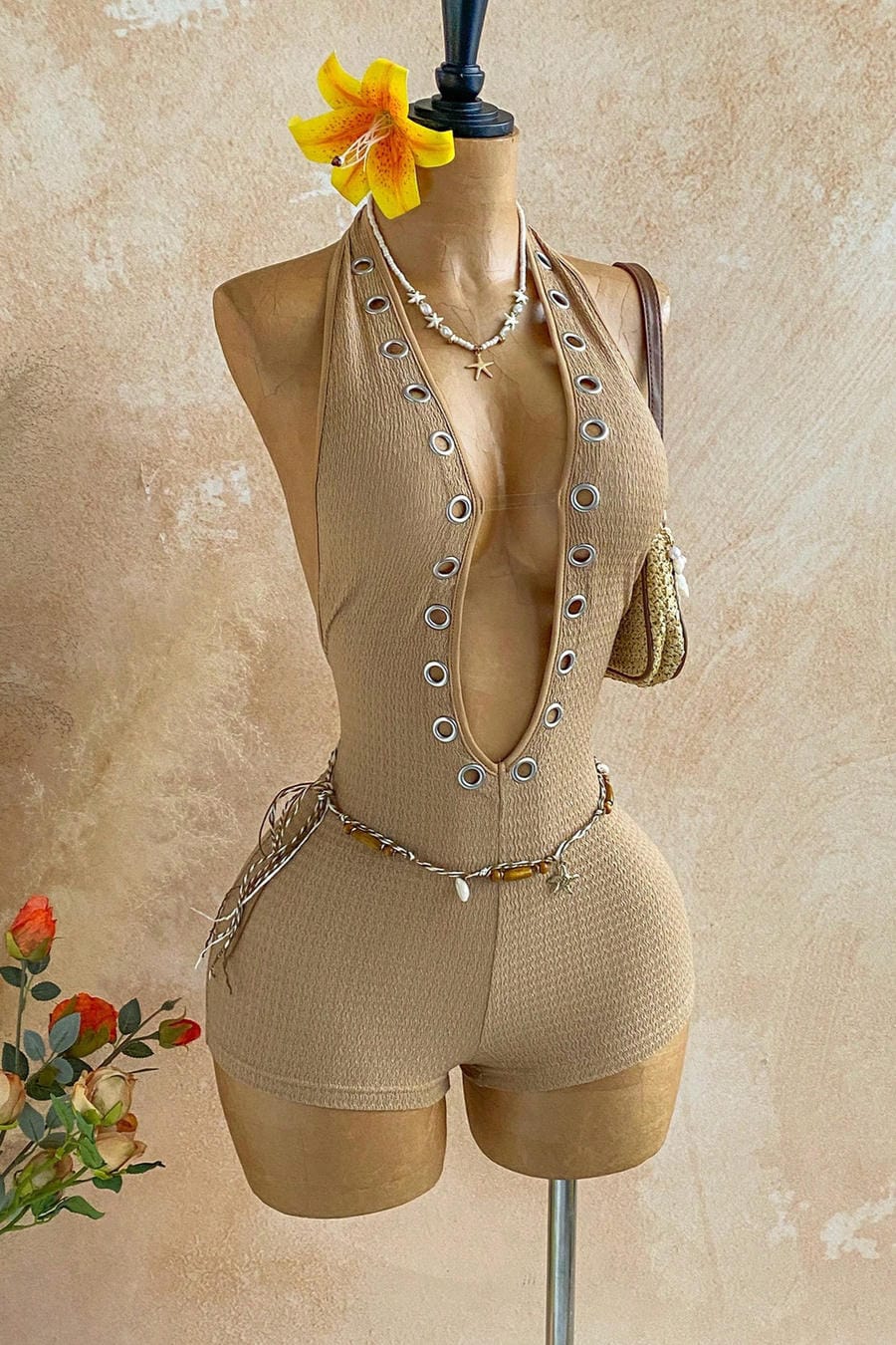 Nude Beige Halter Plunge Romper