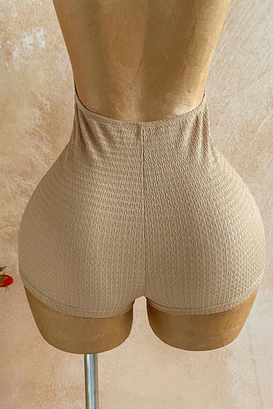 Nude Beige Halter Plunge Romper