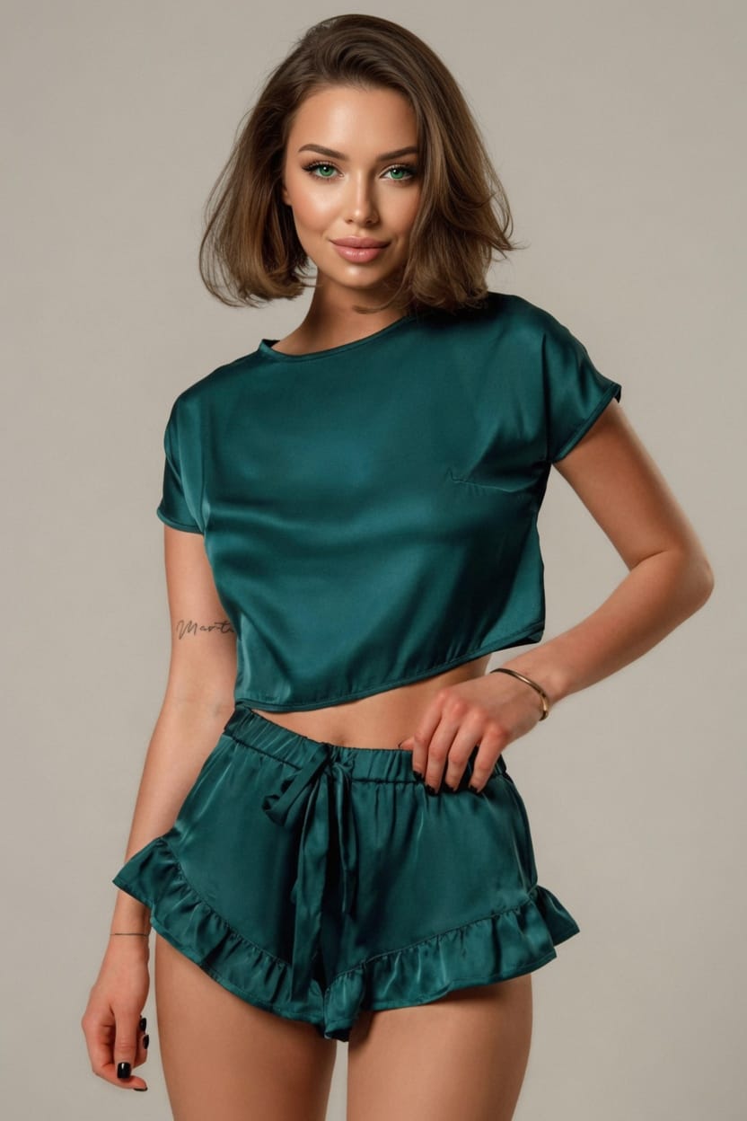 Green Satin Crop Top and Ruffle Shorts Set
