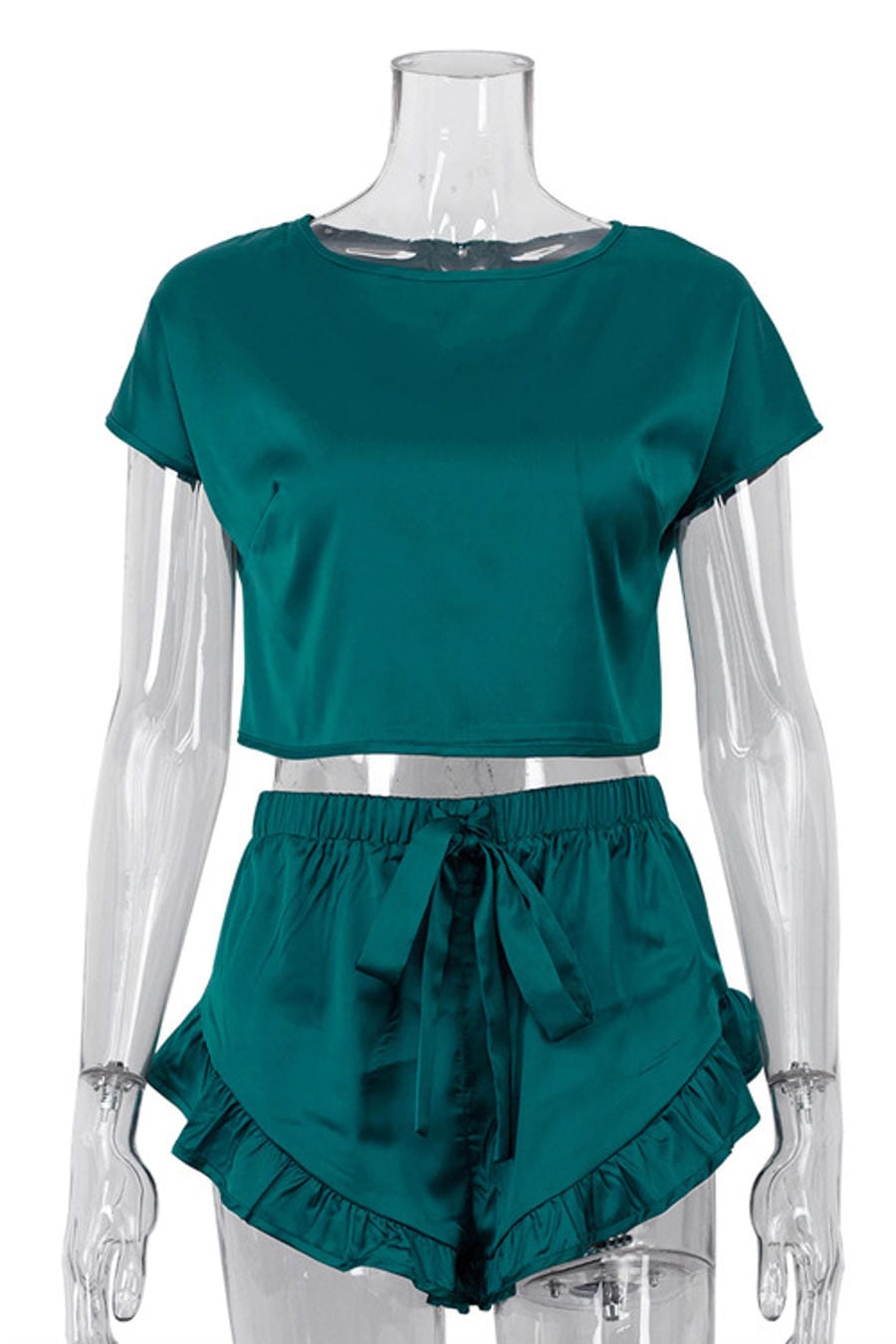 Green Satin Crop Top and Ruffle Shorts Set