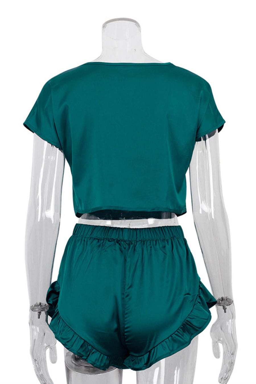 Green Satin Crop Top and Ruffle Shorts Set