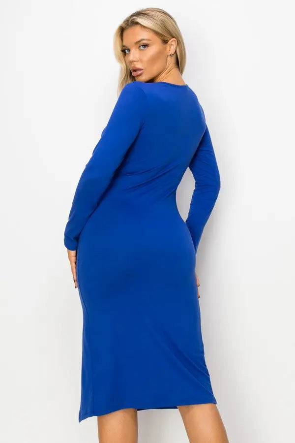 Royal Blue Slit Hem Bodycon Dress with Princess Seams Yelete