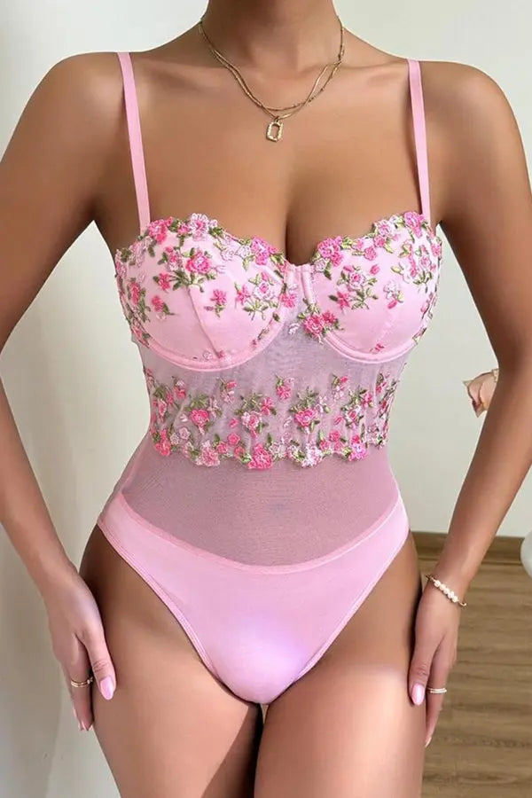 Pink Mesh Teddy with Mesh Floral Embroidery Bustier Top Lingerie Diva