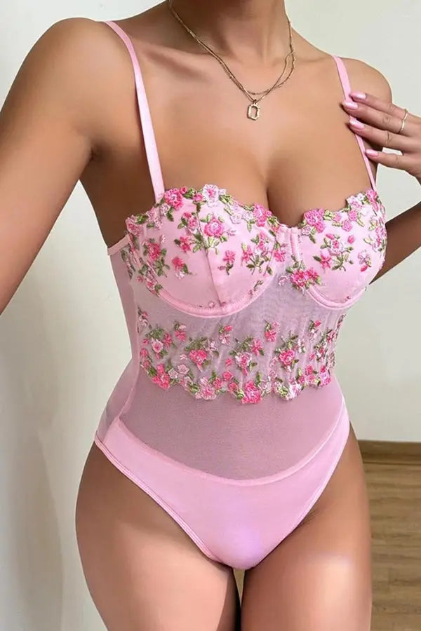 Pink Mesh Teddy with Mesh Floral Embroidery Bustier Top Lingerie Diva