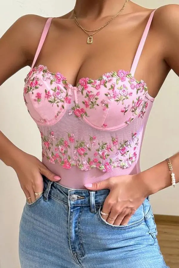Pink Mesh Teddy with Mesh Floral Embroidery Bustier Top Lingerie Diva