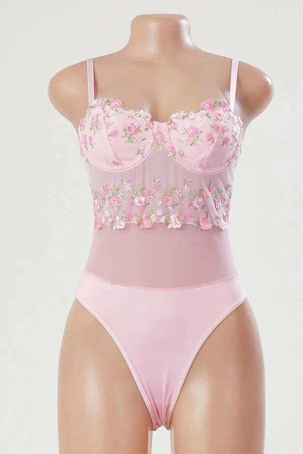 Pink Mesh Teddy with Mesh Floral Embroidery Bustier Top Lingerie Diva