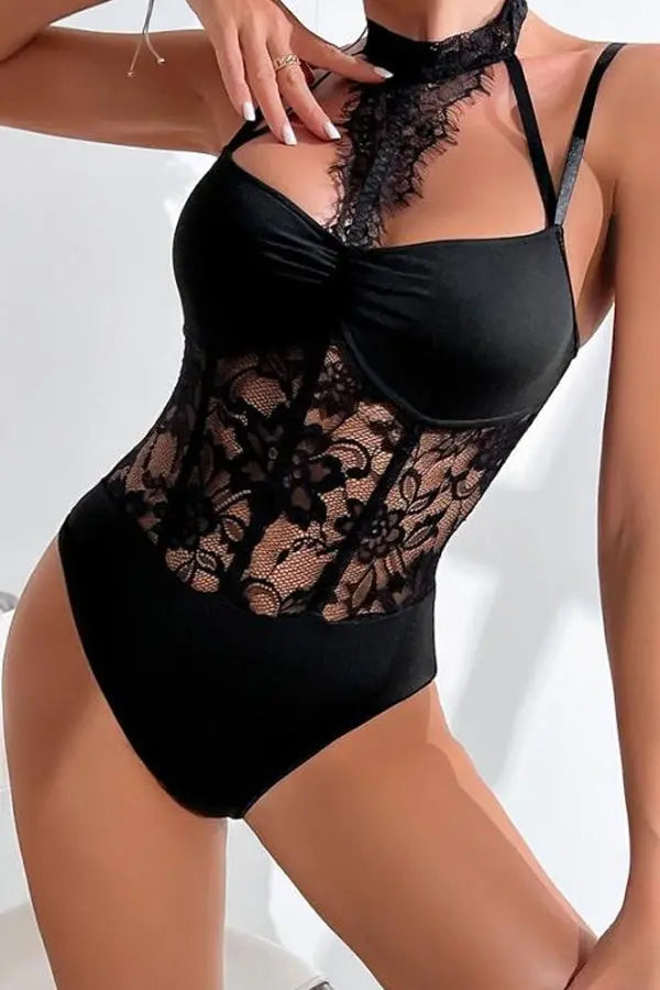 Black Lace Halter Teddy Lingerie Diva