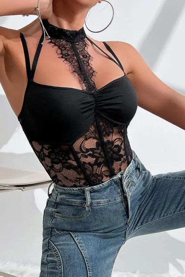 Black Lace Halter Teddy Lingerie Diva