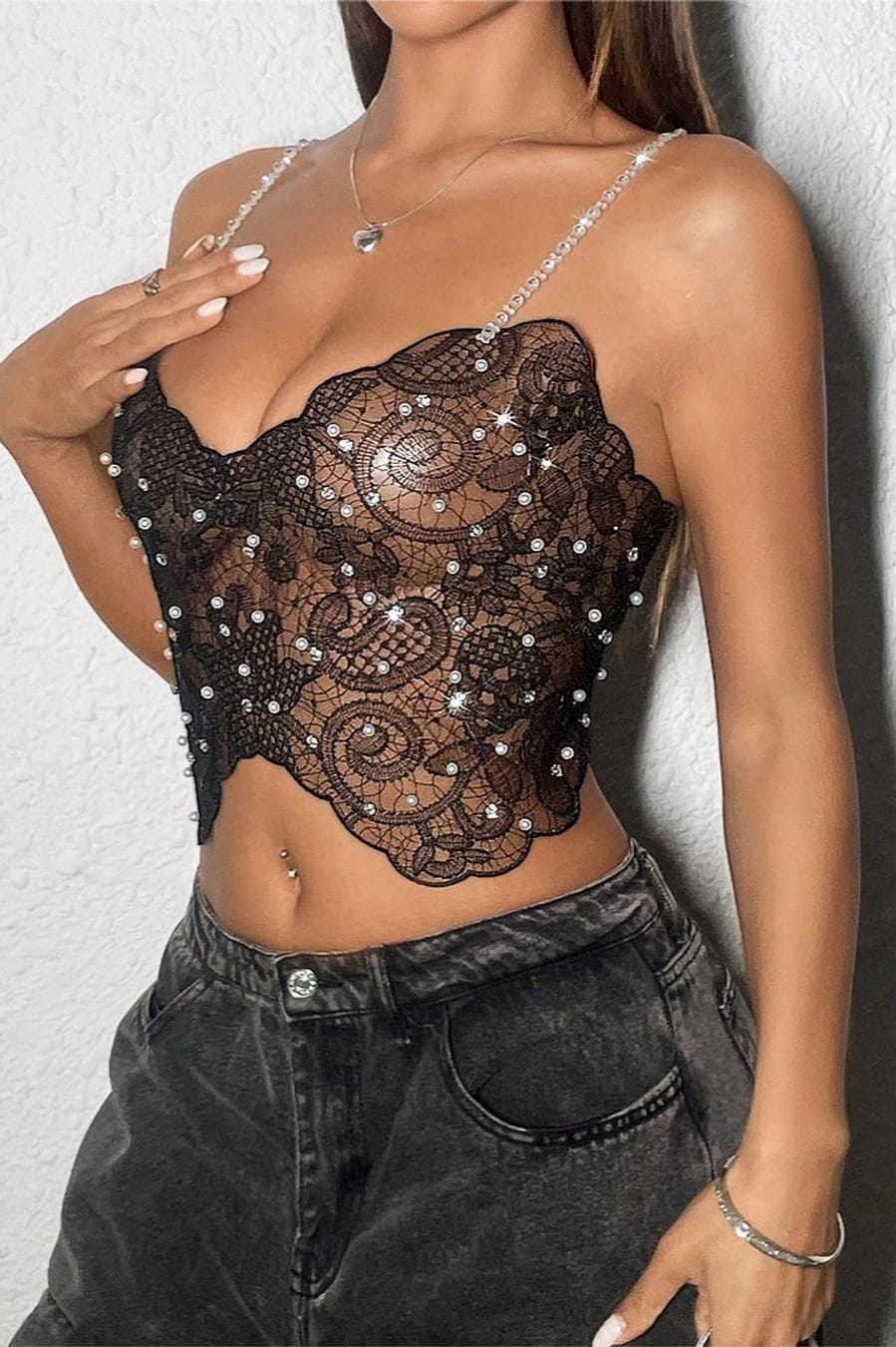 Black Sheer Floral Lace Crop Top
