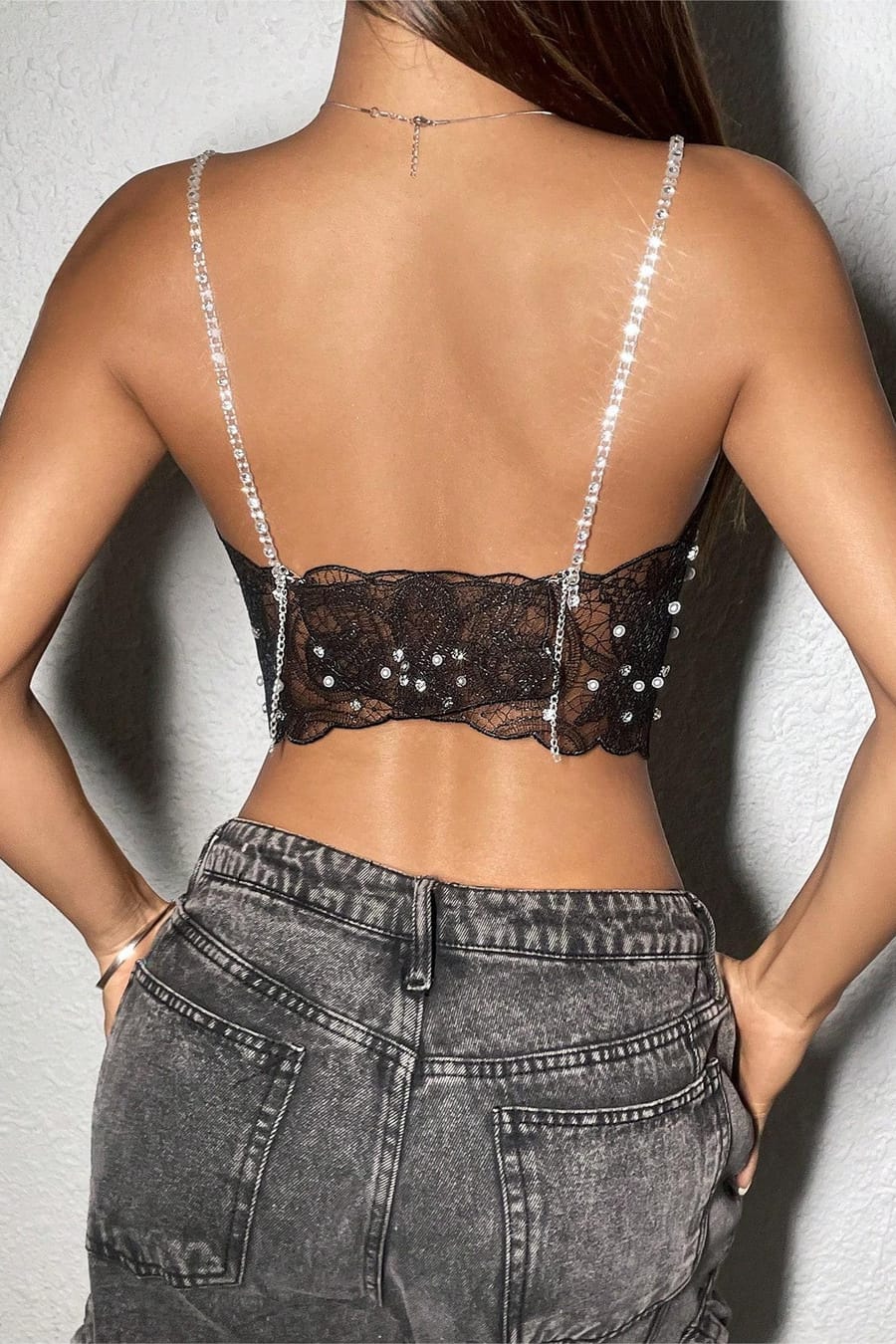 Black Sheer Floral Lace Crop Top