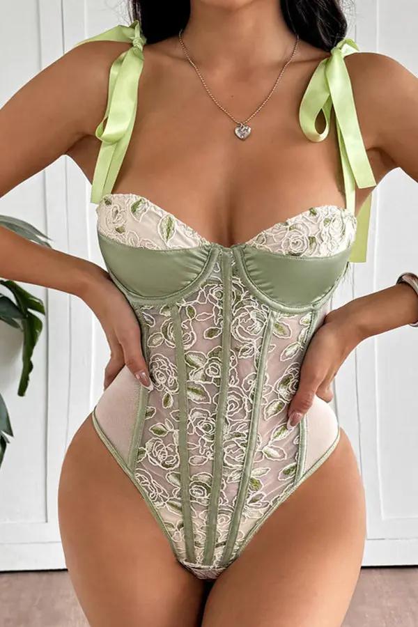 Elegant Green Satin Corset Bodysuit Lingerie Diva
