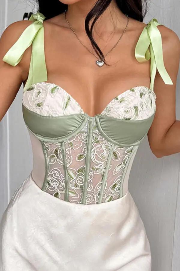 Elegant Green Satin Corset Bodysuit Lingerie Diva