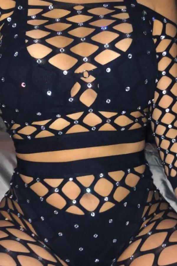Black Fishnet Rhinestone Bodystocking Set Lingerie Diva