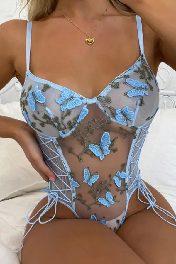 Blue Butterfly Lace Lingerie Bodysuit Lingerie Diva