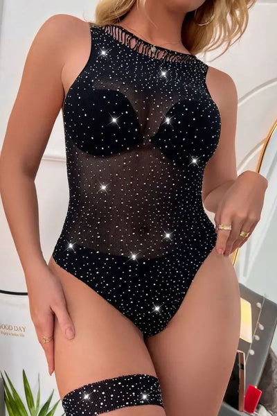 Black Sheer Rhinestone Teddy Lingerie Diva