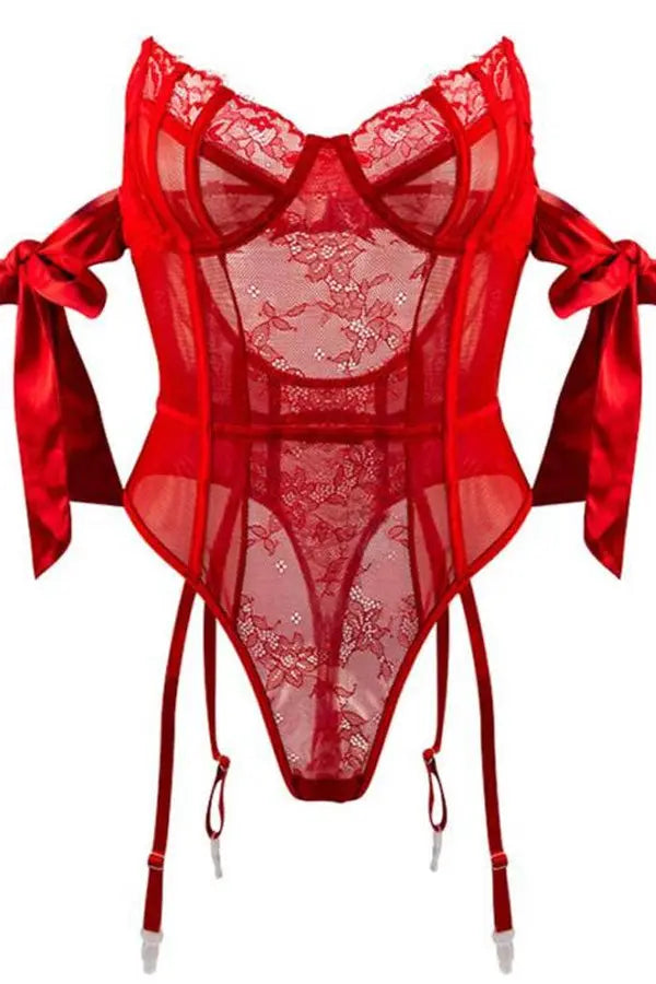 Red Off The Shoulder Lace and Sheer Teddy Lingerie Diva
