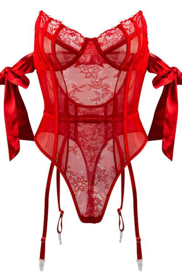 Red Off The Shoulder Lace and Sheer Teddy