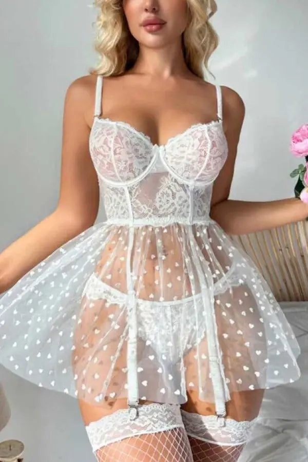 White Enchanting Heart and Lace Babydoll Lingerie Diva