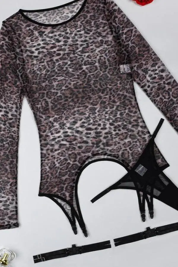 Mesh Leopard Long Sleeve and Thong Set Lingerie Diva
