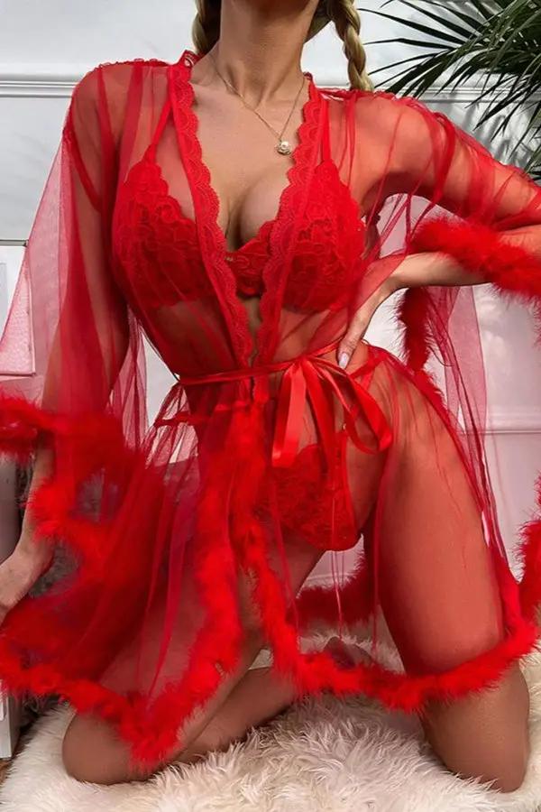 Red Sheer Mesh Robe with Feather Trim Lingerie Diva