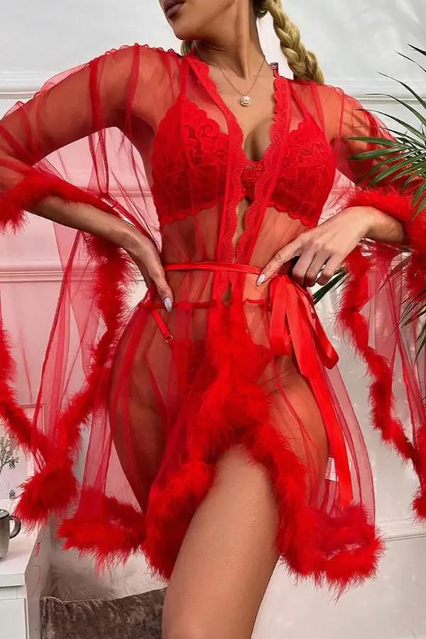 Red Sheer Mesh Robe with Feather Trim Lingerie Diva