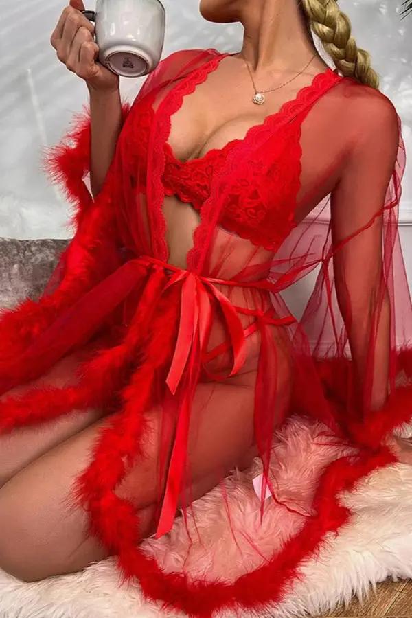 Red Sheer Mesh Robe with Feather Trim Lingerie Diva