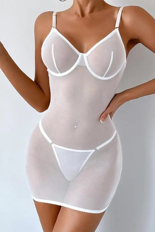 White Sheer Lace-Up Back Chemise Lingerie Diva