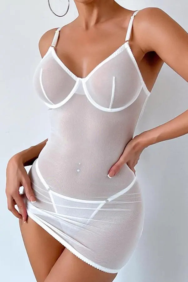 White Sheer Lace-Up Back Chemise Lingerie Diva