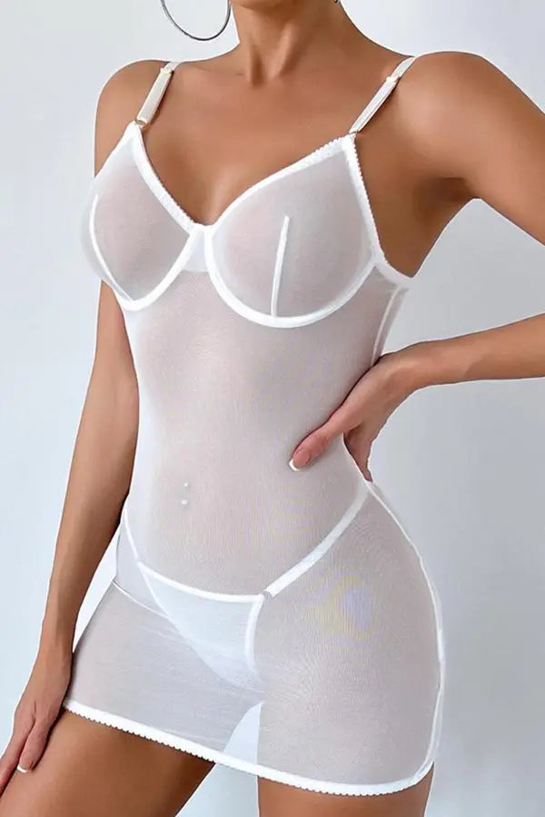 White Sheer Lace-Up Back Chemise Lingerie Diva