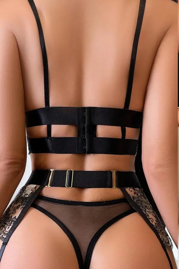 Nude and Black Lace Strappy 3 Piece Bra and Garter Set Lingerie Diva