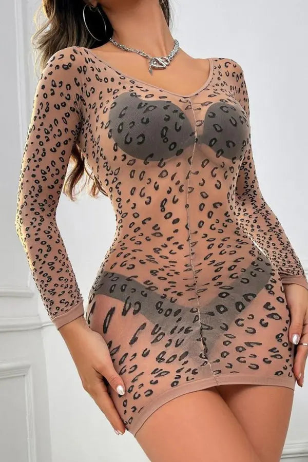 Nude and Leopard Print Stretch Stocking Dress Lingerie Diva