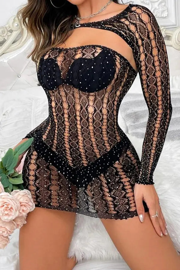 Black Fishnet Rhinestone Mini Dress Lingerie Diva