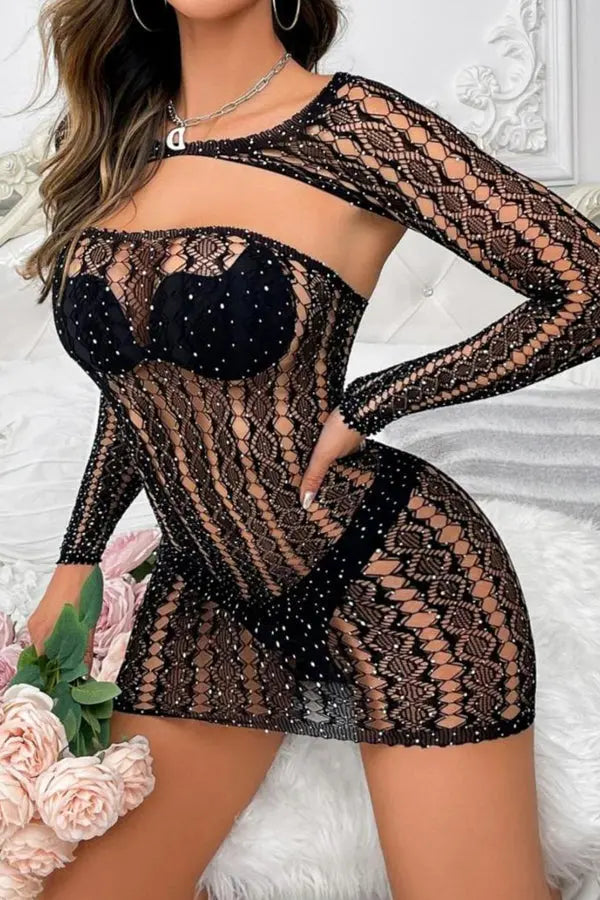 Black Fishnet Rhinestone Mini Dress Lingerie Diva