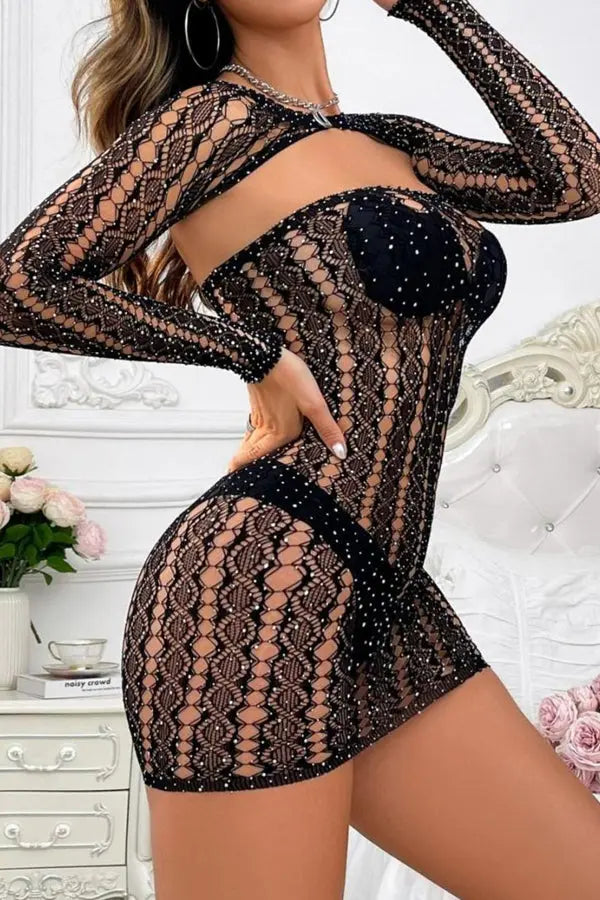 Black Fishnet Rhinestone Mini Dress Lingerie Diva