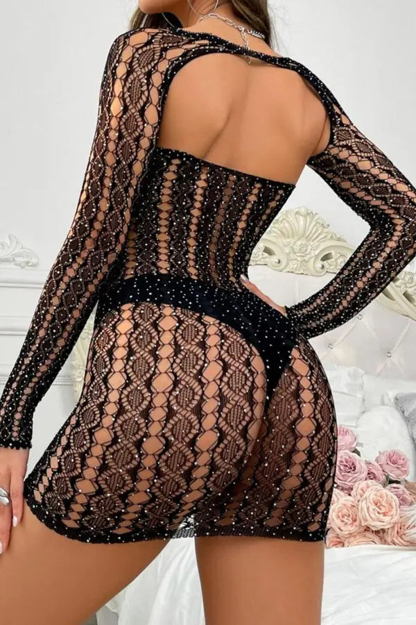 Black Fishnet Rhinestone Mini Dress Lingerie Diva
