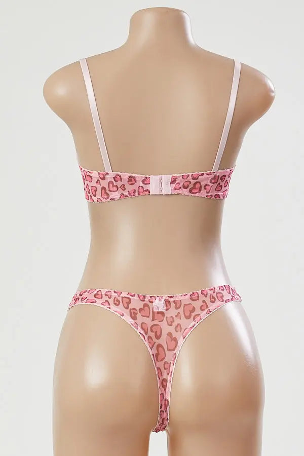Pink Heart Mesh Print Bra and Thong Set Lingerie Diva