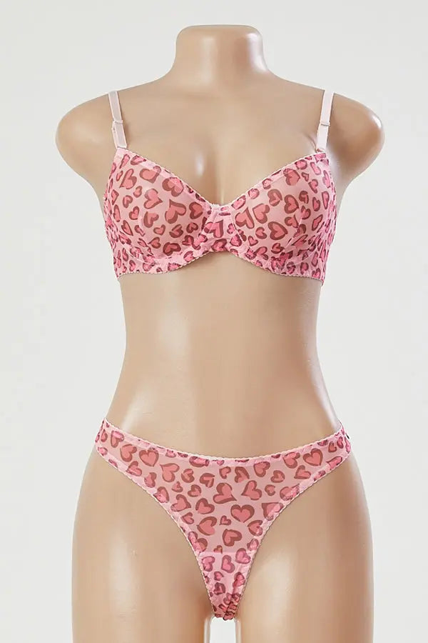 Pink Heart Mesh Print Bra and Thong Set Lingerie Diva