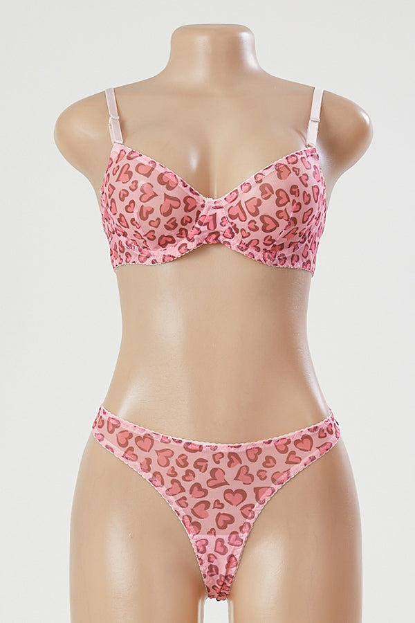 Pink Heart Mesh Print Bra and Thong Set
