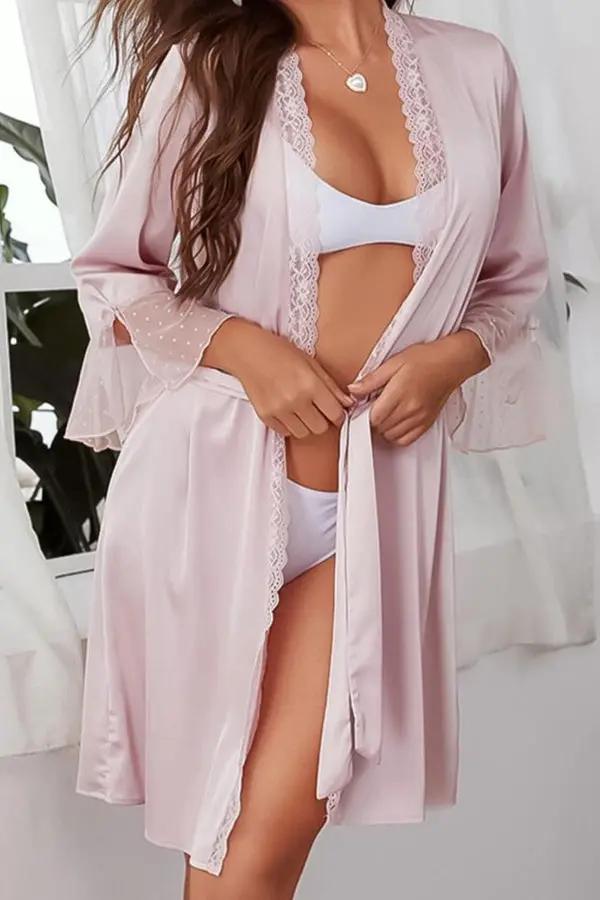 Blush Pink Satin Lace Trim Robe Lingerie Diva