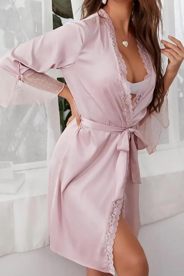 Blush Pink Satin Lace Trim Robe Lingerie Diva