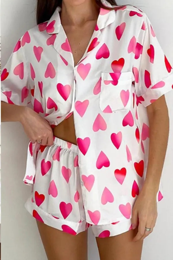 Heart Print Satin PJ Set Lingerie Diva