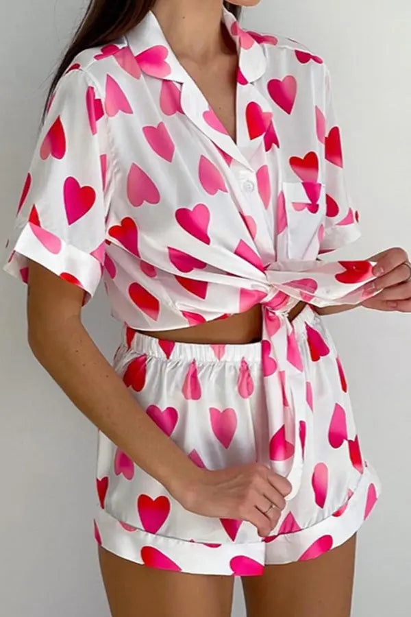 Heart Print Satin PJ Set Lingerie Diva