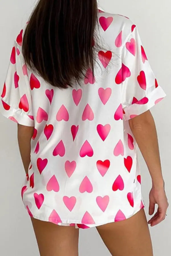 Heart Print Satin PJ Set Lingerie Diva