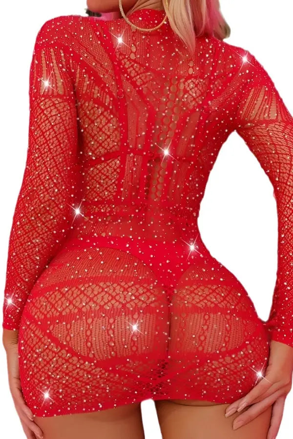 Red Long Sleeve Rhinestone Fishnet Mini Dress Lingerie Diva