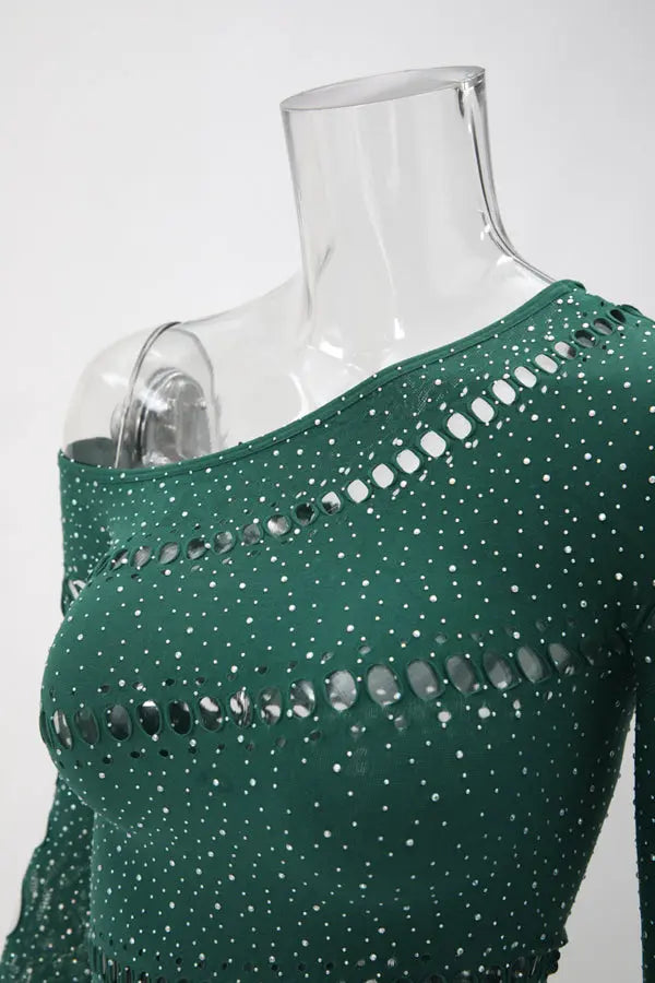 Green Asymmetrical Rhinestone Body Stocking Lingerie Diva