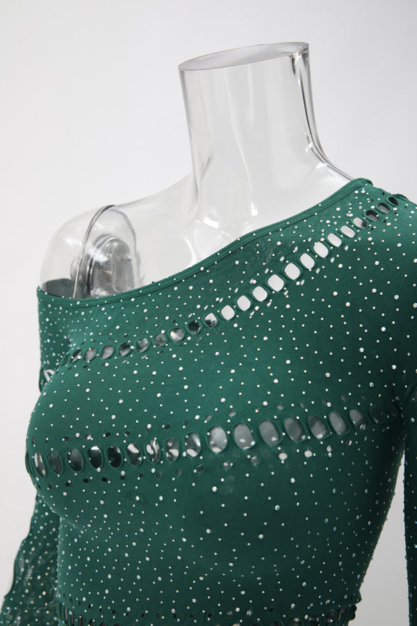 Green Asymmetrical Rhinestone Body Stocking