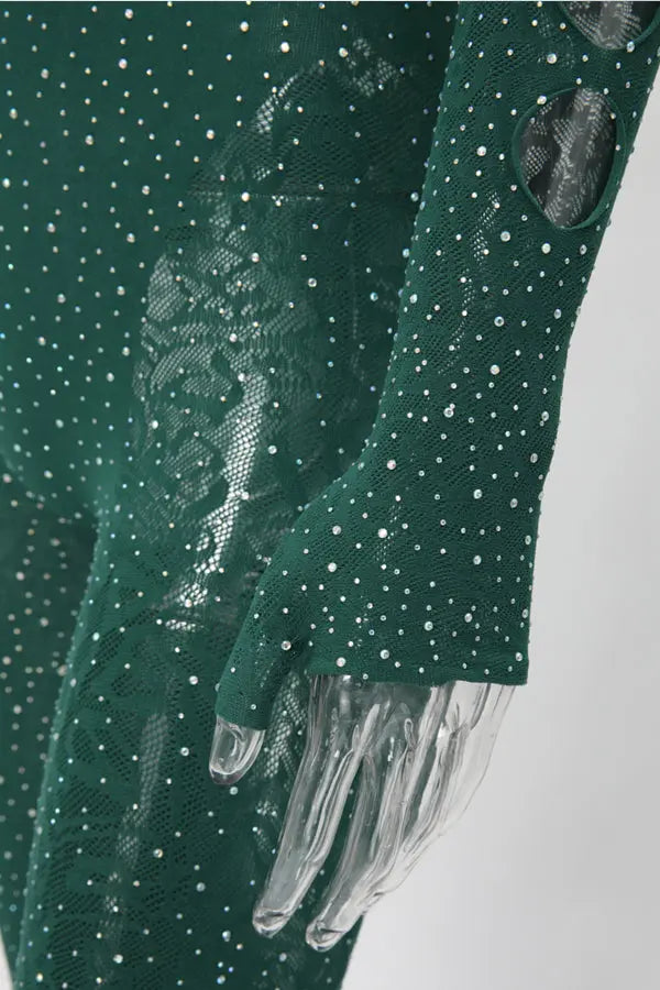 Green Asymmetrical Rhinestone Body Stocking Lingerie Diva